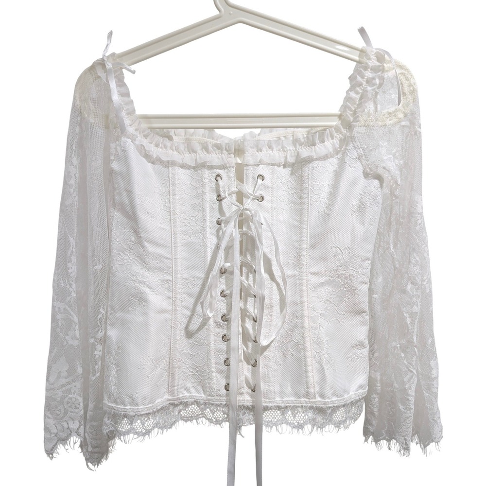 White Lace Sleeve Off Shoulder Corset Top Bustier Lace Up Back M Cosplay Fairy - Picture 9 of 11